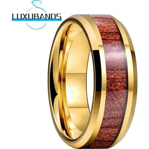Wedding Rings For Men Women 8MM Gold Beveled Rose Wood Inlay Tungsten Carbide Engagement Bands Polished Finished Comfort Fit