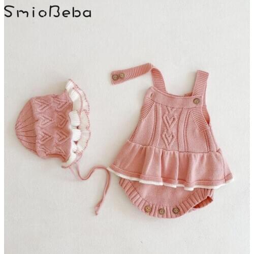 Autumn 2021 Baby Girl Knitted Sweet Rompers Love Lotus Leaf Cardigan Wool One-piece Suit Strap Belt Korean Birthday Jumpsuit Kid