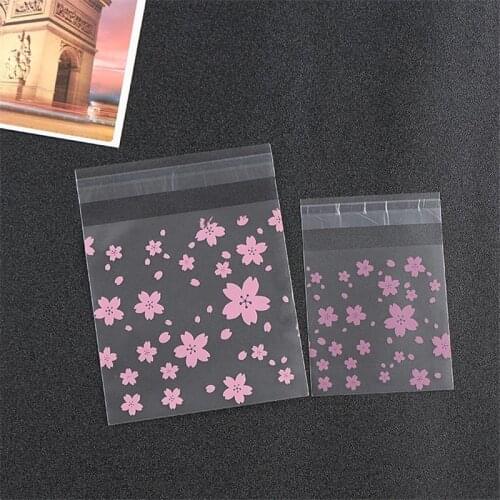 100pcs Multi-size Pink Cherry Blossoms Cookie&Candy Bag Self-Adhesive Plastic Bags Wedding Party Gift Baking Package Supply