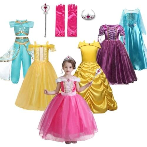 Princess Dress Halloween Costume For Girls Children Clothing Girl Birthday Cosplay Belle Dress Send Crown New Year 5-10Years