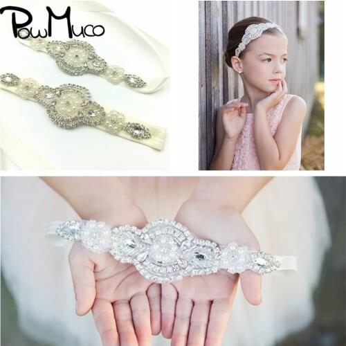 Powmuco 1 PCS Shining Rhinestone Belt and Headband Set Hand Sewn Pearls Flower Maternity Waistband Princess Dress Decoration