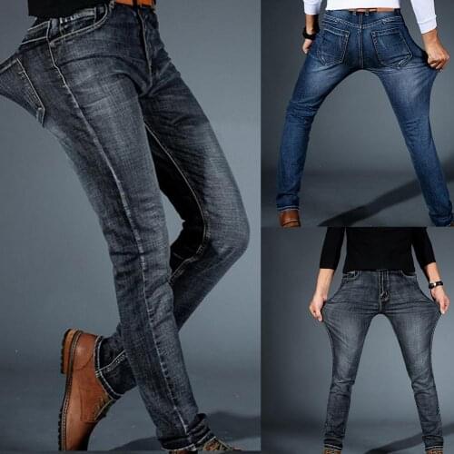 Plus Size Fashion Men Slim Fit Stretch Jeans Mid Rise Long Pants Denim Trousers