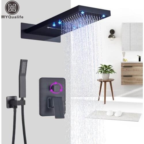 Luxury matte Black Shower Faucet Rectangle LED Rainfall shower Set 3 Ways Water Outlet Bathroom Shower Comfortable Experience