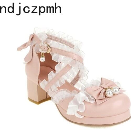 Spring and Autumn fashion Round Toe head Clogs Bow Asakuchi high heels sexy Butterfly-knot pearl Party Ruffles big size 30-48