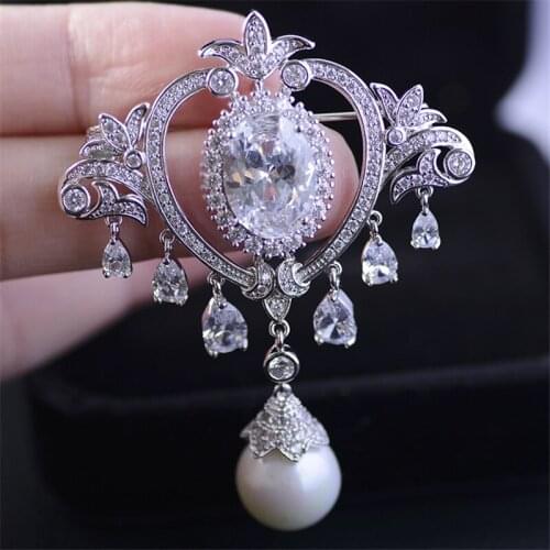 Vintage Hanging Pearl Waterdrop Brooch Pins for Women Fashion Brooches Luxury Zircon Crystal Broches Pin Jewelry Corsage Gifts