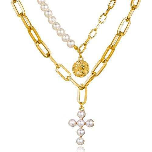 Vintage Gold Color Chains Necklaces With Pearls Chokers for Women Layered Cross Pendants Necklace On The Neck Punk Jewelry