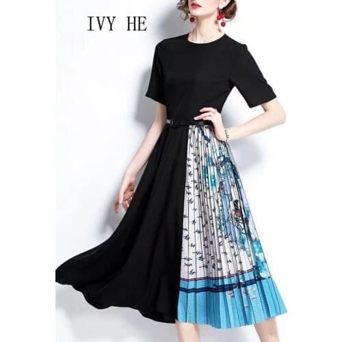 IVY HE High Quality Summer Dress Woman Clothing Patchwork Of Pleated Printing Midi Long Dress Traf Robe ZA Vintage Party Dresses