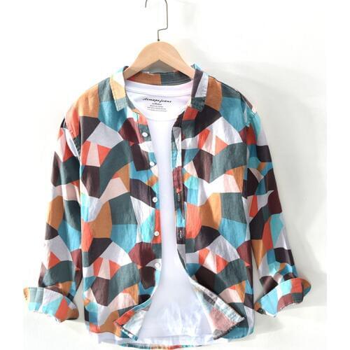 Quality Geometric Printed 100% Linen Shirt Men Long-sleeved Fashion Flax Turn Down Collar Dress Shirts For Men Camisas TS-686