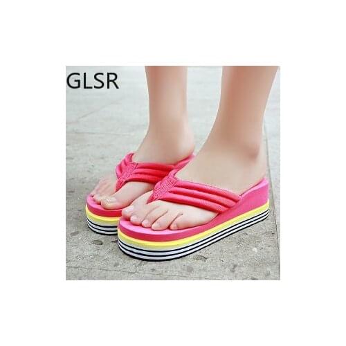 2021 New Summer Women Flip flops Fashion Slope and Thick Sand Beach Slippers Candy Color Wedges Platform Outdoor Slippers