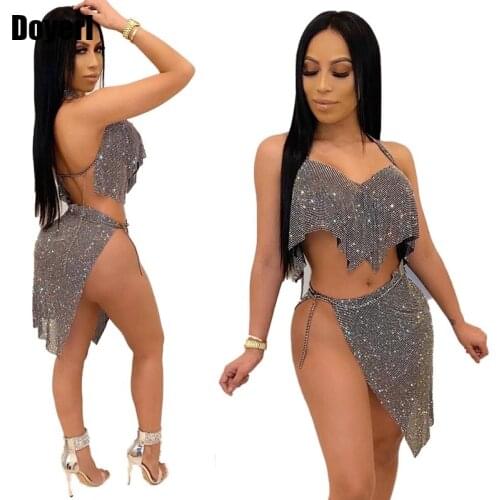 Sexy 2 Piece Set Women Summer Matching Sets Party Club Outfits Halter Crop Top and Mini Skirt Women Glitter Skirt Two Piece Set