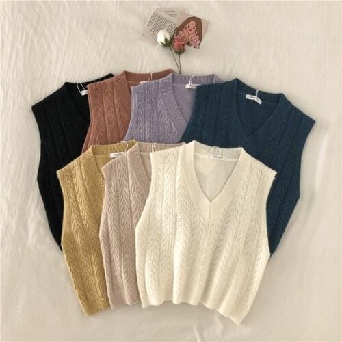Women Sweater Vest Solid Korean Style Knitted Short Vest Student V-neck Pullover Loose Casual Knitting Crop Tops Outerwear