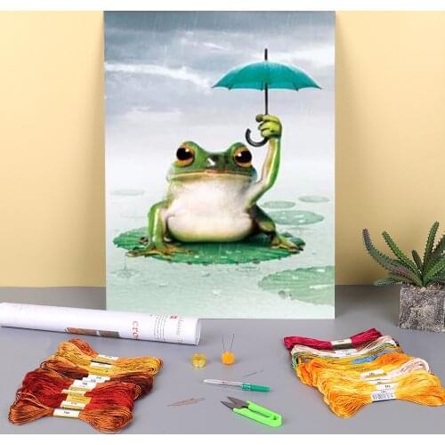 Animal Frog Printed Water-Soluble Canvas 11CT Cross Stitch Kit Embroidery DMC Threads Craft Handicraft Handiwork Adults
