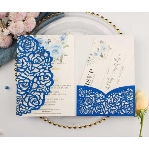 10x Elegant Pocket Blue Gold Glitter Laser Cut Rose Wedding Invitation Cards Trifold Card Greeting Cover For Party Anniversary