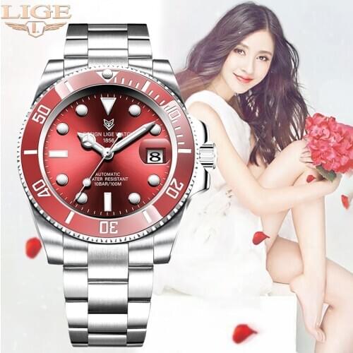 LIGE Luxury Top Brand Women Automatic Mechanical Watches Steel Watch Band Watch Waterproof Simple Watch For Women Gift for Women