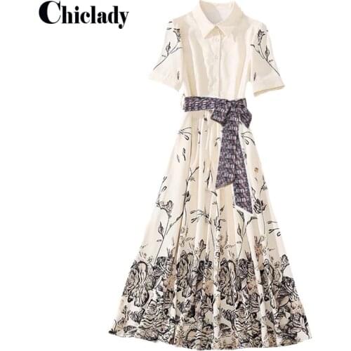 CHICLADY vintage floral printed turn down collar short sleeve elegant maxi dresses for womem lady summer sashes bow robe fashion