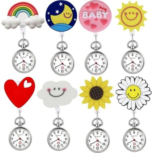 Happy Smile Nurse Doctor Love Heart Sunflowers Rainbow Sun Moon Simple Fashion Retractable Clips Pocket Watches for Hospital