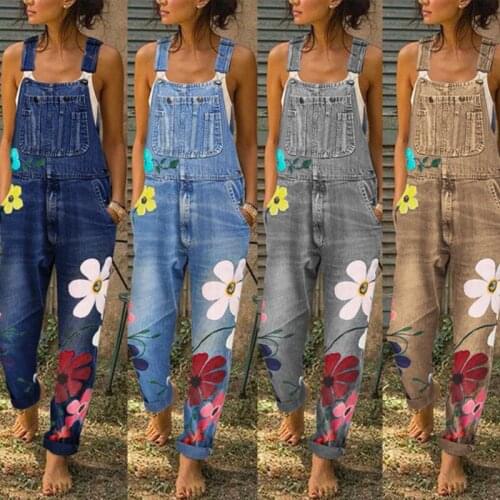Rompers Womens Jumpsuit Stylish Flower Jeans Strap Overall Women Vintage Girl Denim Bib Pants Streetwear Floral Macacao Feminino