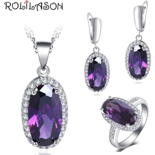 ROLILASON Luxury Design Elegant Oval shape Set For girl purple Zircon 925 Silver Earrings Necklace Rings Jewelry Sets JS757