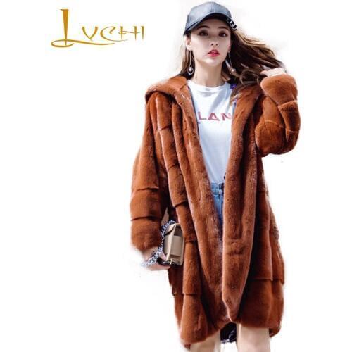 LVCHI Winter 2019 Import Crown Velvet Real Mink Coats Womens Natural Fur Coat Full Pelt Long Sleeve With Hat Long Mink Coats