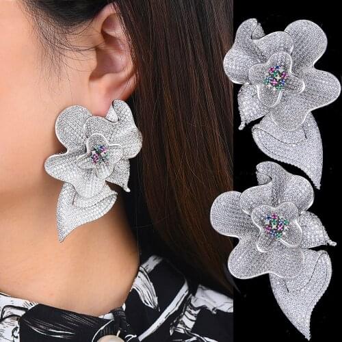 Missvikki Shiny Cubic Zirconia Brincos Jewelry Big Flower Stud Earrings For Women Wedding Party Show Daily Trendy Hot Jewelry