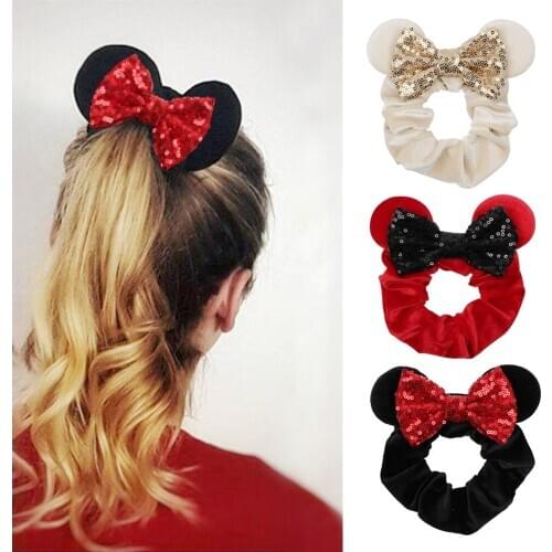 Fashion Waist Hair Bands Headband For Girl Headwear 2021 New Arrival Pretty Mouse Ears Sequins Hair Bow Woman Velvet Scrunchies