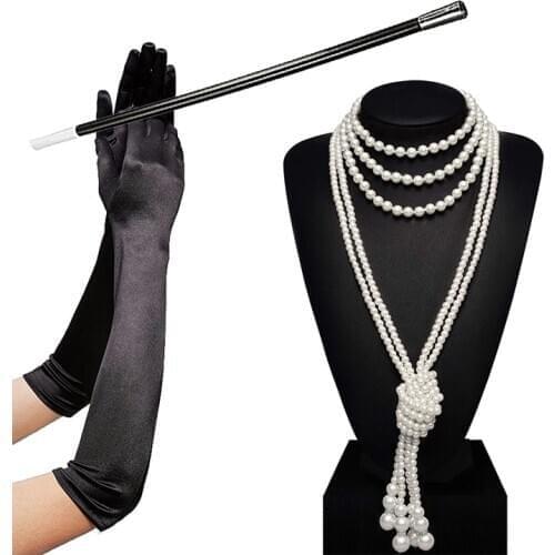 1920s Great Gatsby Accessories Set Costume Flapper Long Pearl Necklace Gloves Cigarette Holder Women Vintage Party Accessories