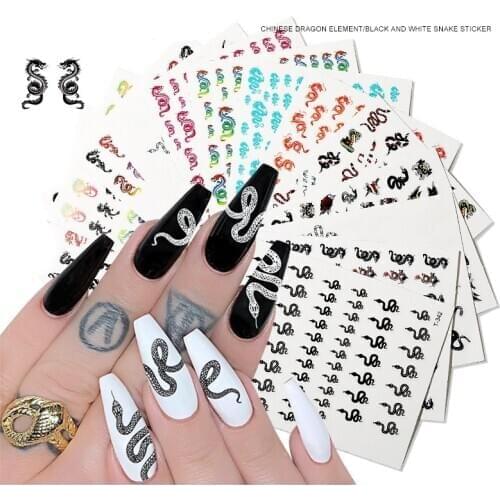 1pcs Black White Snake Nail Art Sticker Chinese Dragon Deign Nail Adhesive Sticker Transfer Decals Manicure Wrap Nail Decoration