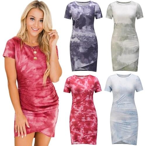 Summer Women Dress Print Tie Dye Bodycon Sexy High Waist Casual Beach Style Slim Short Sleeve Casual Autumn Female Vestido C2563