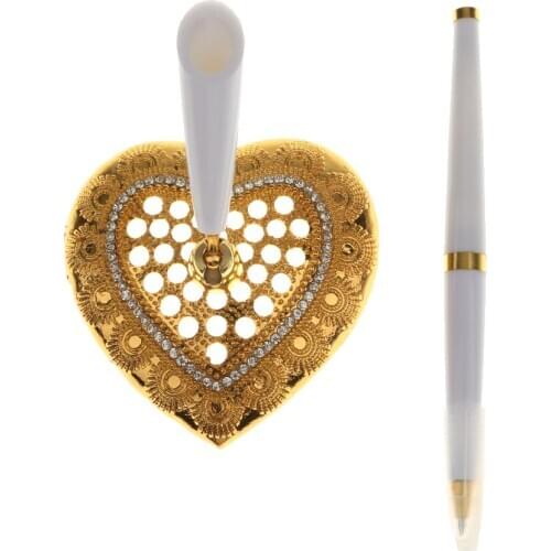 Wedding Party Guest Book Signing Pen Golden Heart Pen Holder Decor Supplier