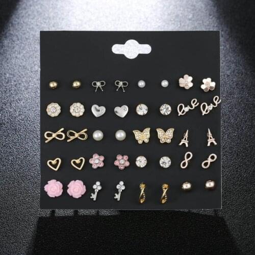 20 Pairs/set Fashion Resin Pink Flower Stud Earrings Set For Women Kids Jewelry Cute Heart Bow Key Rhinestone Earring Jewelry