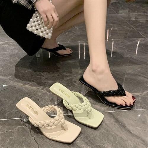 Summer Women Weave Flip Flops Female Rubber Sole Transparent High Heels Sandals Ladies Square Toe Cap Outdoor 35-42 Size Slides