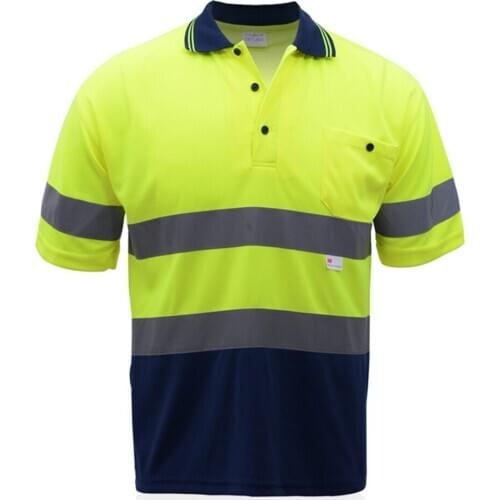 High Visibility Safety T-Shirt Short Sleeve Shirt for Men with Rib Collar 3M Reflective Strip Neon Yellow Navy ANSI/ISEA EN20471