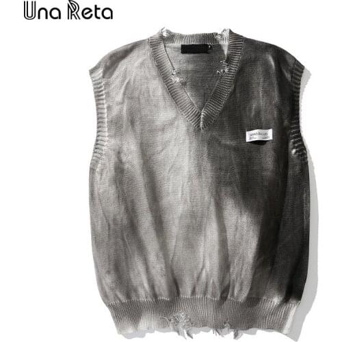 Una Reta Tie Dye Sweater Vest Men New Streetwear Mens Vests V Neck Pullover Men Sleeveless Sweater Hole Mens Sweater