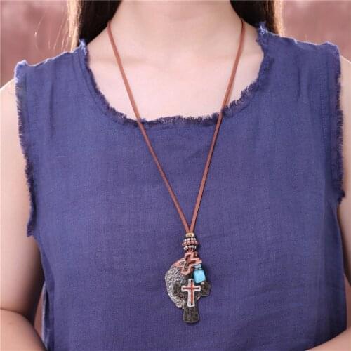 Vintage Jewelry Long Necklace for Women Men Cross Blue Stones Beads Pendants Statement necklaces & pendants Brown Rock Chokers