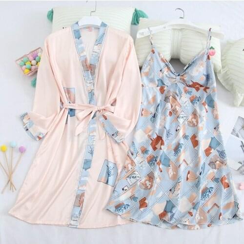 Youhottest Women Floral Print Silk Robe with Gown sets Satin Robe Set Short Sleeve