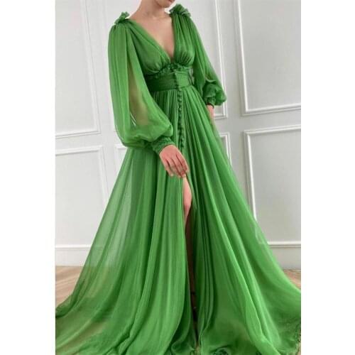 Green prom dresses long sleeve pleats deep v neck side slit a line evening dresses gowns fashion party dress