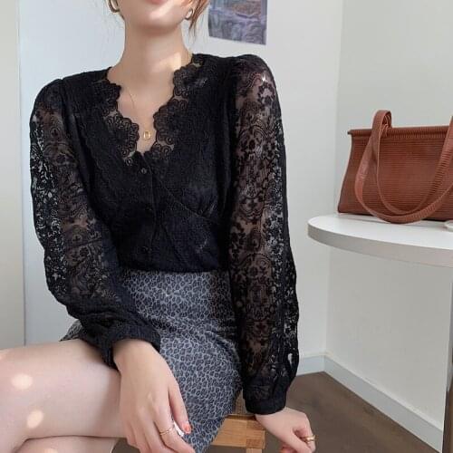 Vetement Femme 2021 Fashion Autumn Retro Lace V-neck Black Long Sleeve Top Women Shirts Blusas Solid Ladies Dropshipping 1068