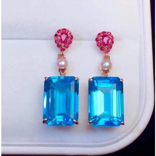 Women Luxury Rose Gold Elegant Exaggerated Dangler Earrings Square Cut Big Blue Zircon Pearl Drop Earring Party Cocktail Jewelry