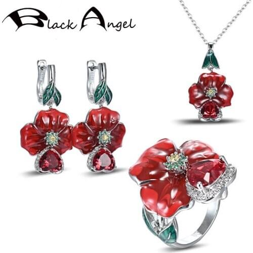 BLACK ANGEL Fashion 925 Silver Red Enamel Rose Flowers Ring Necklace Clip Earrings For Women Ruby Gemstone Wholesale Jewelry Set