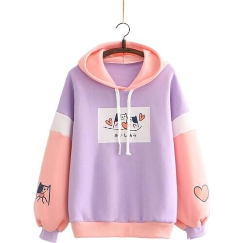 Winter Fleece Hooded Sweatshirts Women Cartoon Print Cute Student Preppy Style Patchwork Hoodies Harakuju Thick Pullover 2011123