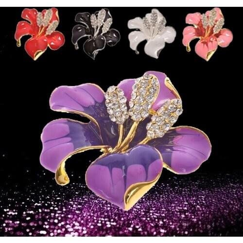 1pc Women Fashion Charm Enamel Brooch Rhinestone Crystal Lily Flower Brooches Pin
