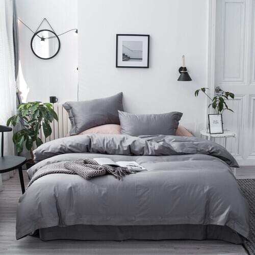 100%Cotton Button Reversible Bedding set Queen King size 4Pcs Breathable Soft Solid Duvet Cover Flat/Fitted Sheet Pillowcases