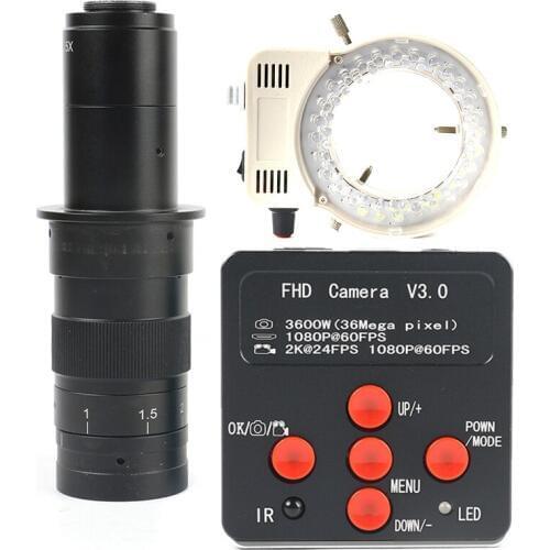36MP 1080P FHD 2K Industrial Electronic HDMI USB Digital Video Microscope Camera Zoom C Mount Lens 180X 300X + 56 LED Ring Light