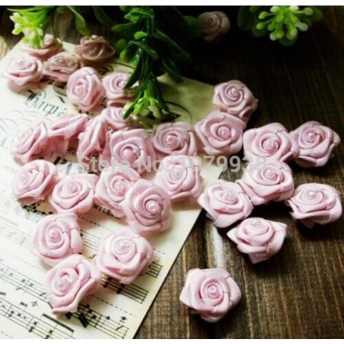 Free shipping 30pcs handmade pink rose pearl flower head satin ribbon Diy sewing for wedding dress decoration