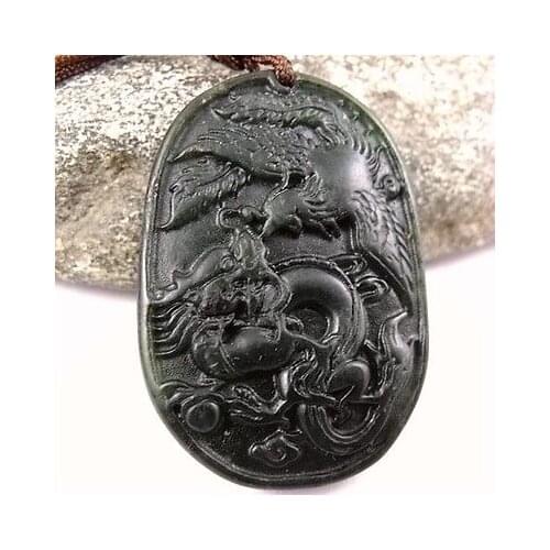Black Green chalcedony Dragon and Phoenix Dance Amulet Pendant 212