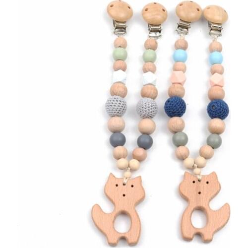 Baby Toys 0-12 Months Wooden Pram Clip Pram Plush Bead Pacifier Chain Chewable Rattle Baby Beech Teether Necklace Teething Beads