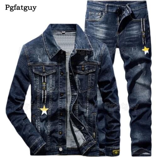 Dark Blue Fashion Mens Sets Spring Autumn Letter Star Print Denim Jacket + Pants Casual Slim Couple Jeans Suit Ropa Hombre