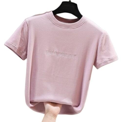 T Shirts Womens Soft Cotton Short Sleeve Summer Embroidered Female T-Shirt Casual Basic Classic High Elasticity Tops 24 Style