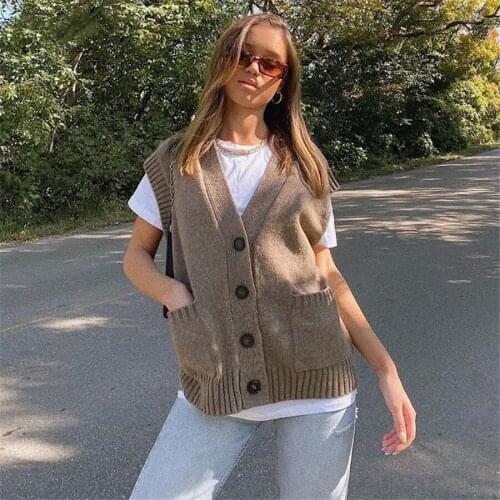 Women Oversize Cardigan Top Female Ladies Sleeveless Vest Women Sweater Pocket Loose Knitted Jumper Casual Autumn Winter Sweater