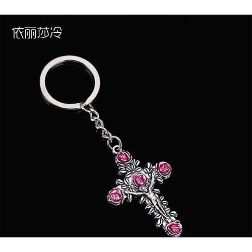 Catholic Pink Rose Cross Keychain Cross, Jesus Keychain Mens and Womens Jewelry Christianity
